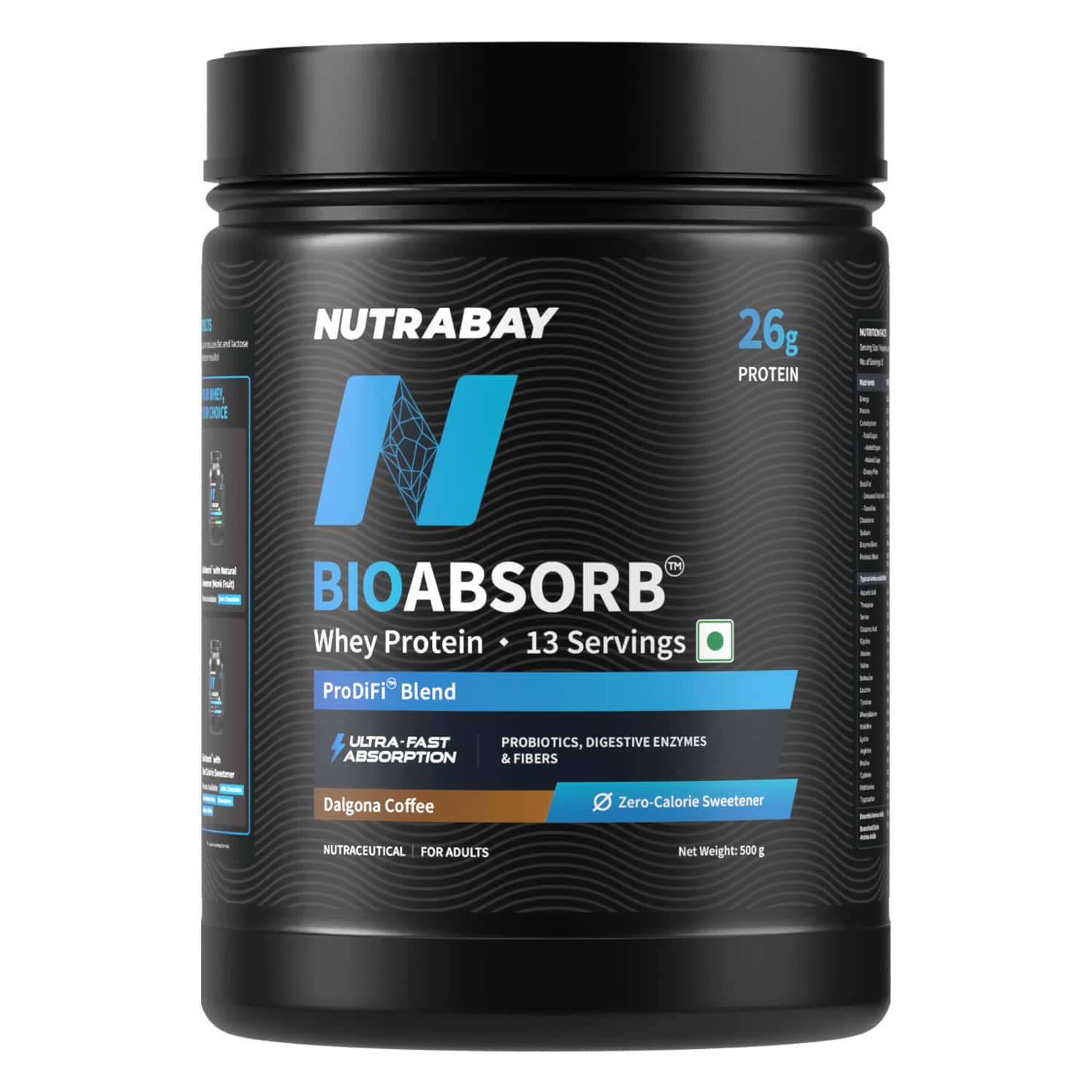 Nutrabay Bioabsorb Whey Protein Powder | Prodifi Blend | 26g Per Scoop | Dalgona Coffee - 500g