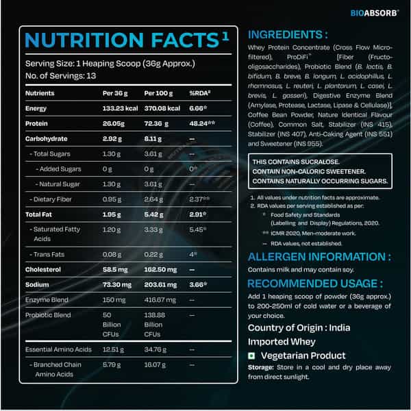 Nutrabay Bioabsorb Whey Protein Powder | Prodifi Blend | 26G Per Scoop | Dalgona Coffee - 500G