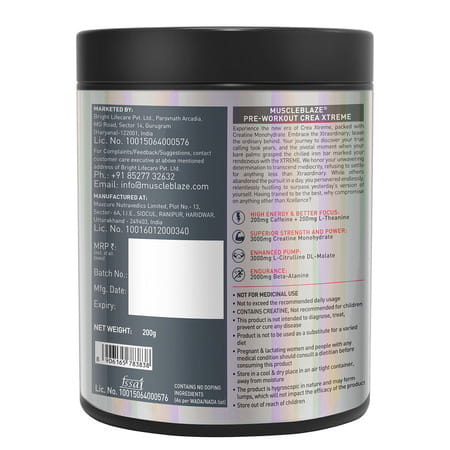 Muscleblaze Pre Workout Crea-Xtreme (Berry Lime | 200G | 20 Servings)