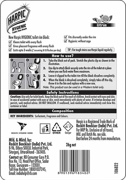 Harpic Hygienic Citrus Toilet Block  Packet Of 26 G