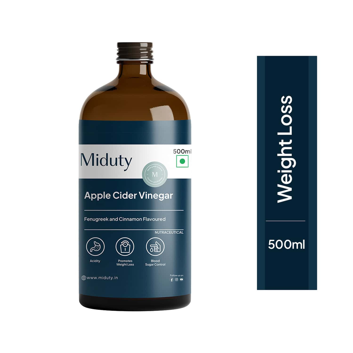 Miduty Apple Cider Vinegar - Stevia - Fenugreek - Detox - Weight Loss - Raw Acv With Mother - 500ml
