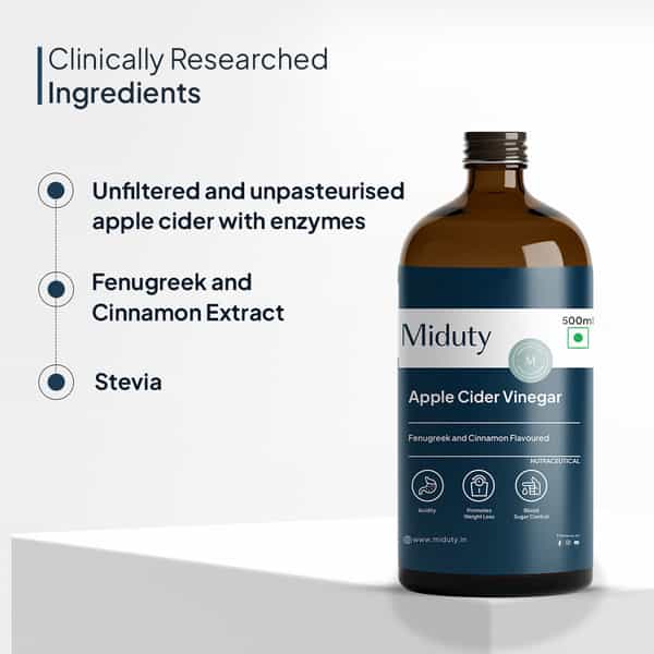 Miduty Apple Cider Vinegar - Stevia - Fenugreek - Detox - Weight Loss - Raw Acv With Mother - 500Ml