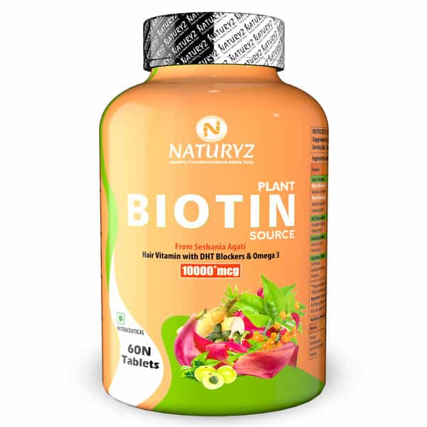 Naturyz 100% Plant Based Biotin With Dth Omega 3 Strong Hairs | Nails | Glowing Skin (60 Tablets)