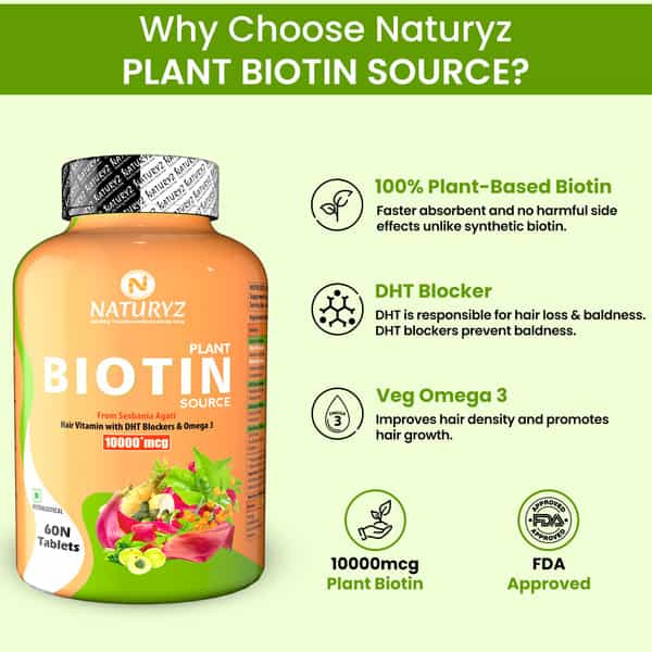 Naturyz 100% Plant Based Biotin With Dth Omega 3 Strong Hairs | Nails | Glowing Skin (60 Tablets)