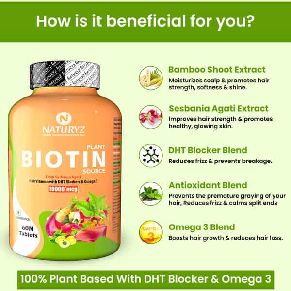 Naturyz 100% Plant Based Biotin With Dth Omega 3 Strong Hairs | Nails | Glowing Skin (60 Tablets)