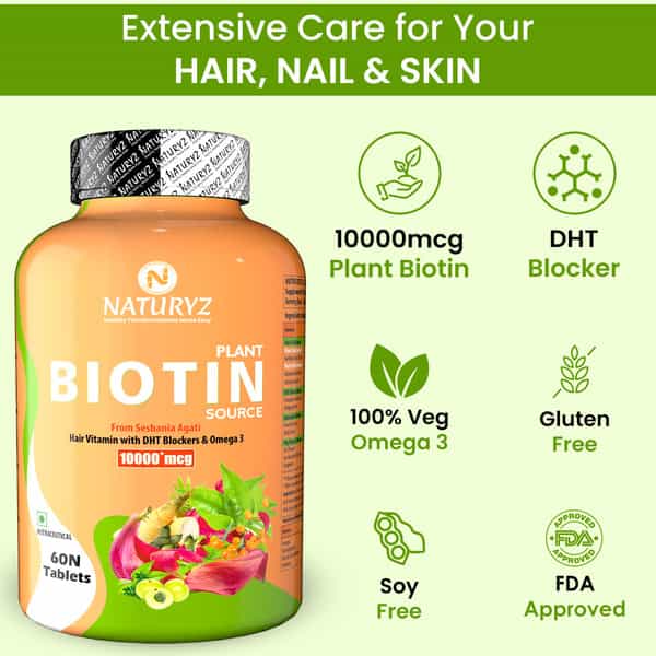 Naturyz 100% Plant Based Biotin With Dth Omega 3 Strong Hairs | Nails | Glowing Skin (60 Tablets)