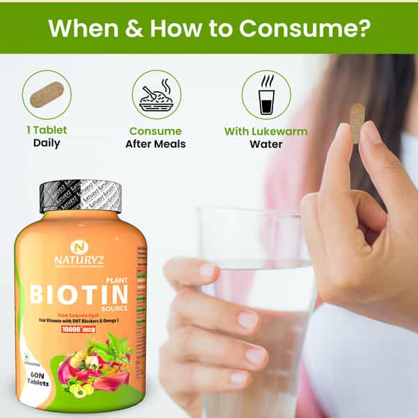 Naturyz 100% Plant Based Biotin With Dth Omega 3 Strong Hairs | Nails | Glowing Skin (60 Tablets)