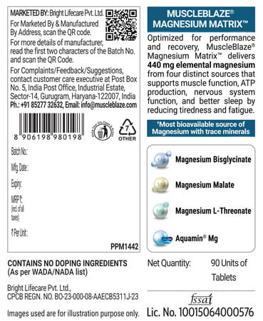 Muscleblaze Magnesium Glycinate 2000Mg (440Mg Elemental Magnesium) | 90 Tablets