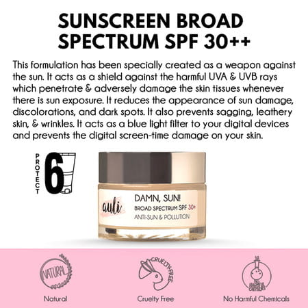 Auli Damn Sun Spf30++ Broad Spectrum Lightweight Sweat Proof Anti-Tan And Pollution Sunscreen -60gm