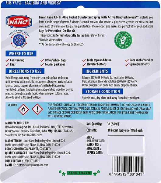 Luxor Nano All-In-One Pocket Disinfectant Spray - Pine Fresh- 54 Ml ( 18 Ml X3 )