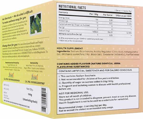 Kapiva Ashwagandha Fizz Effervescent Powder - To Boost Physical & Mental Wellbeing Jeera Flavour