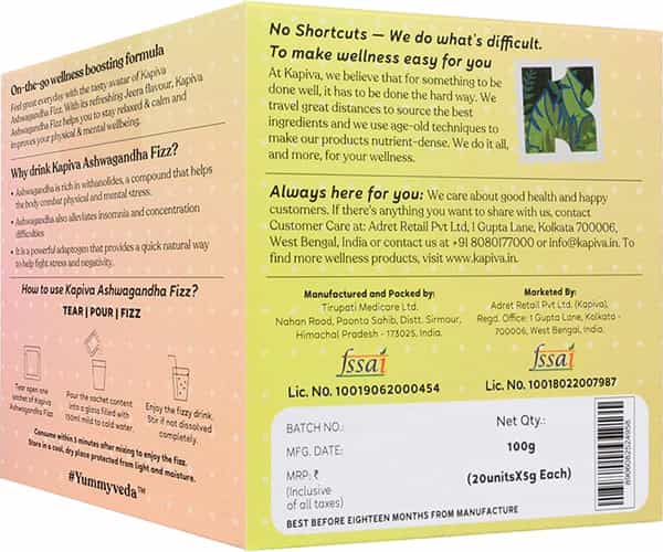 Kapiva Ashwagandha Fizz Effervescent Powder - To Boost Physical & Mental Wellbeing Jeera Flavour