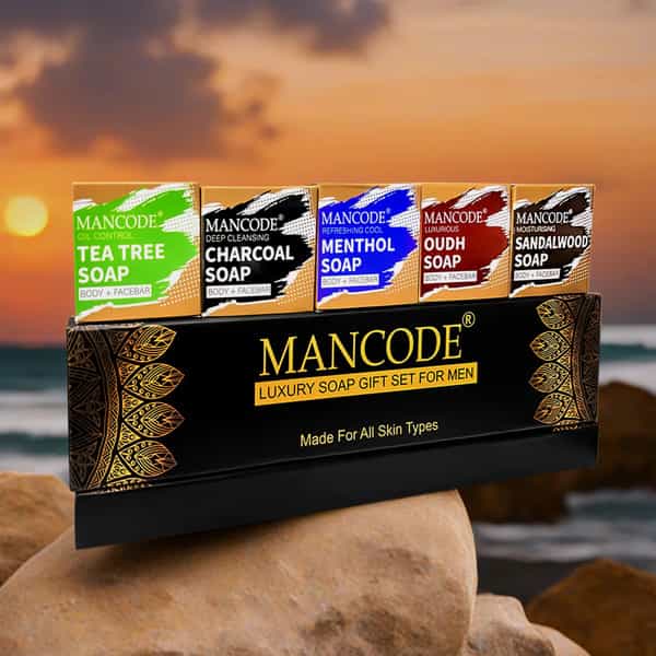 Mancode Luxury Methoal | Charcoal | Oudh | Sandalwood | Tea Tree Soap Gift Set 5 X 125Gm For Men
