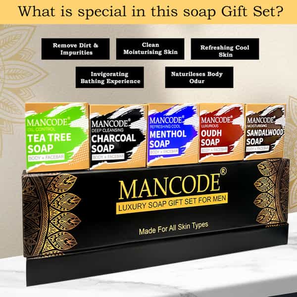Mancode Luxury Methoal | Charcoal | Oudh | Sandalwood | Tea Tree Soap Gift Set 5 X 125Gm For Men