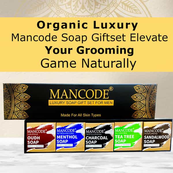 Mancode Luxury Methoal | Charcoal | Oudh | Sandalwood | Tea Tree Soap Gift Set 5 X 125Gm For Men