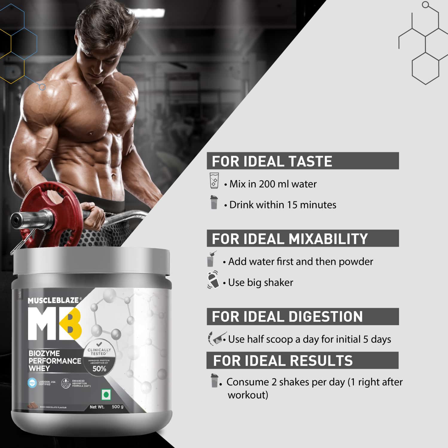 Buy MUSCLEBLAZE BIOZYME PERFORMANCE WHEY PROTEIN, LABDOOR USA CERTIFIED (RICH CHOCOLATE, 500 G