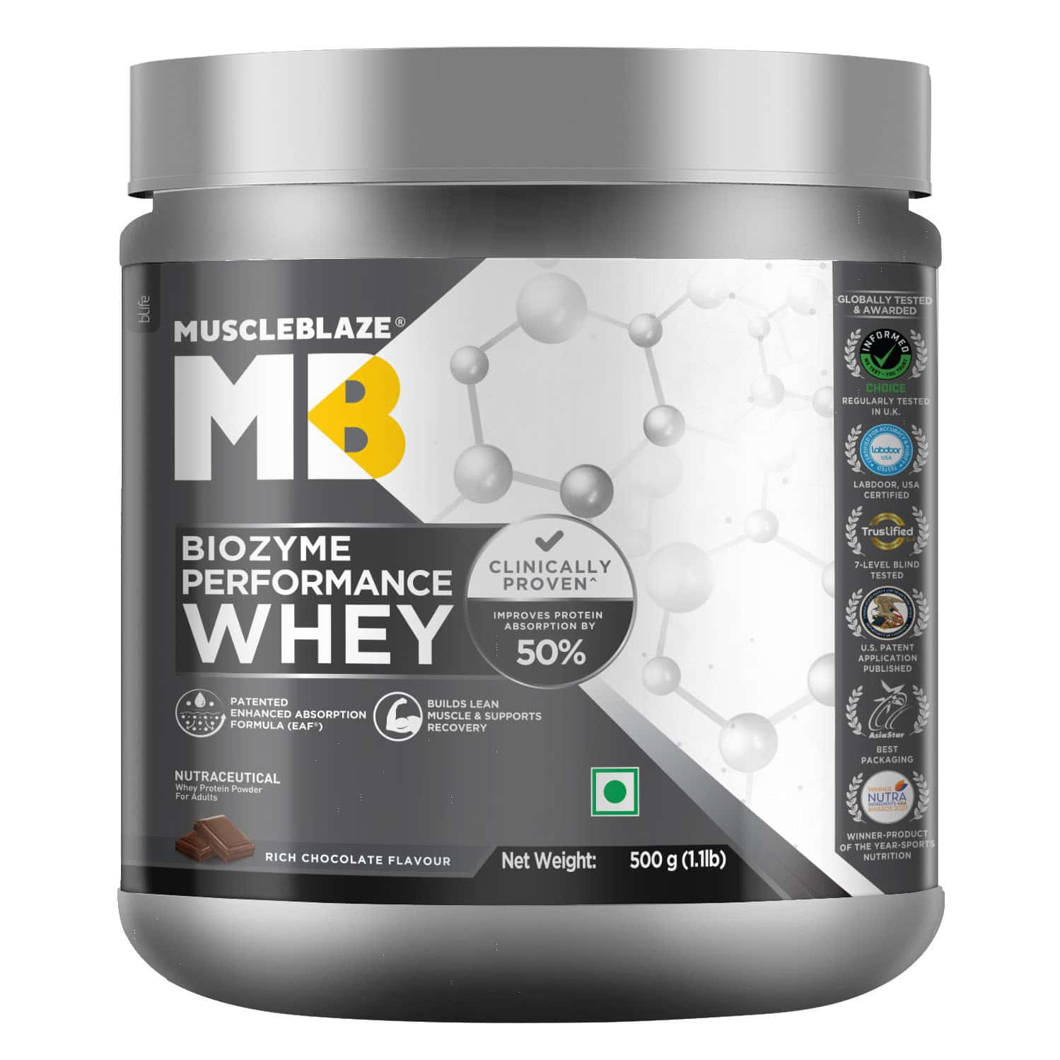 Muscleblaze Biozyme Performance Whey Protein Powder | Rich Chocolate (500g) | 25g Protein