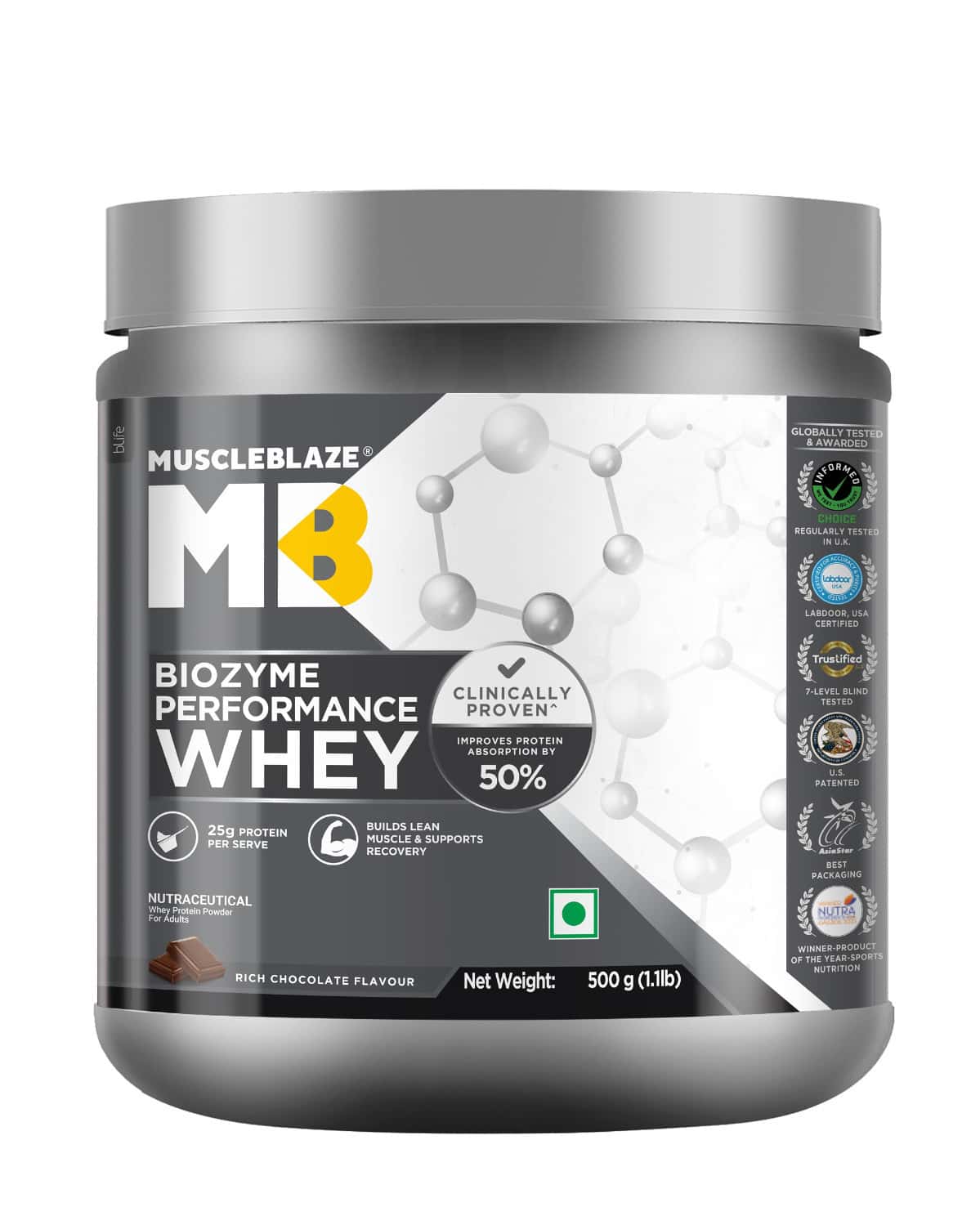 Muscleblaze Biozyme Performance Whey Protein Powder | Rich Chocolate | 500g | 25g Protein Per Scoop