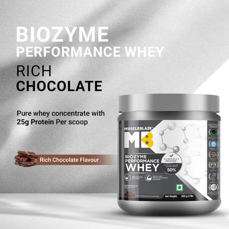 Muscleblaze Biozyme Performance Whey Protein Powder | Rich Chocolate | 500G | 25G Protein Per Scoop