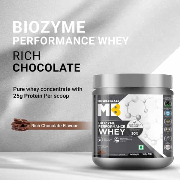 Muscleblaze Biozyme Performance Whey Protein Powder | Rich Chocolate | 500G | 25G Protein Per Scoop