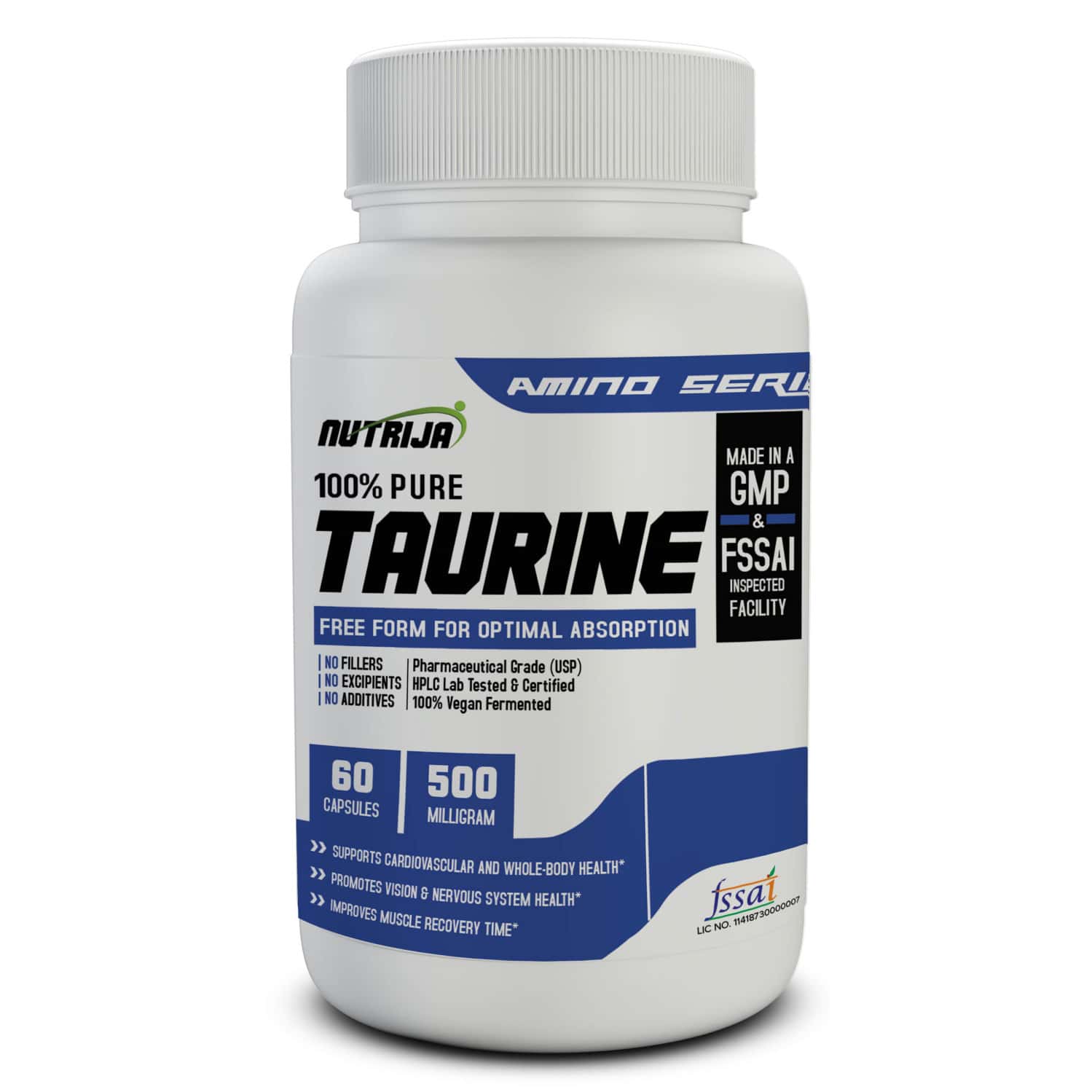 Nutrija L-taurine 500mg 100% Pure & Usp Grade - 60 Capsules