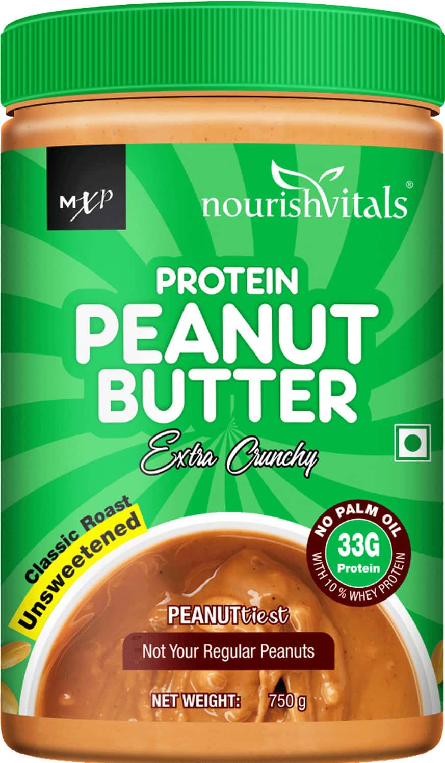 Nourishvitals High Protein Peanut Butter With Whey Protein No Added Sugar Salt Or Oils 750g