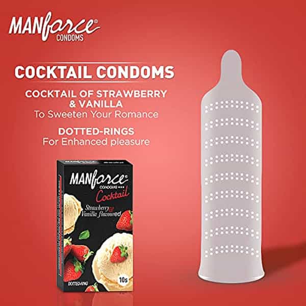 Manforce Cocktail Condoms (Dotted-Rings) Strawberry & Vanilla Flavoured 10 Pcs X Pack Of 4