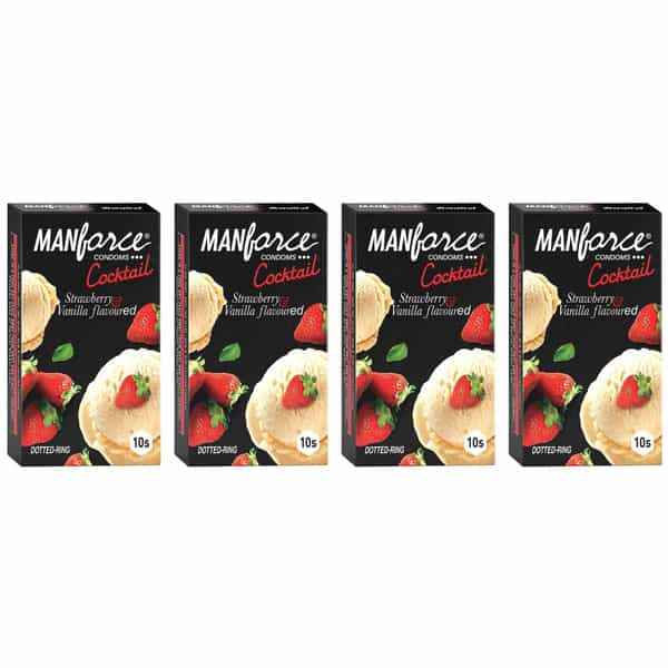 Manforce Cocktail Condoms (Dotted-Rings) Strawberry & Vanilla Flavoured 10 Pcs X Pack Of 4