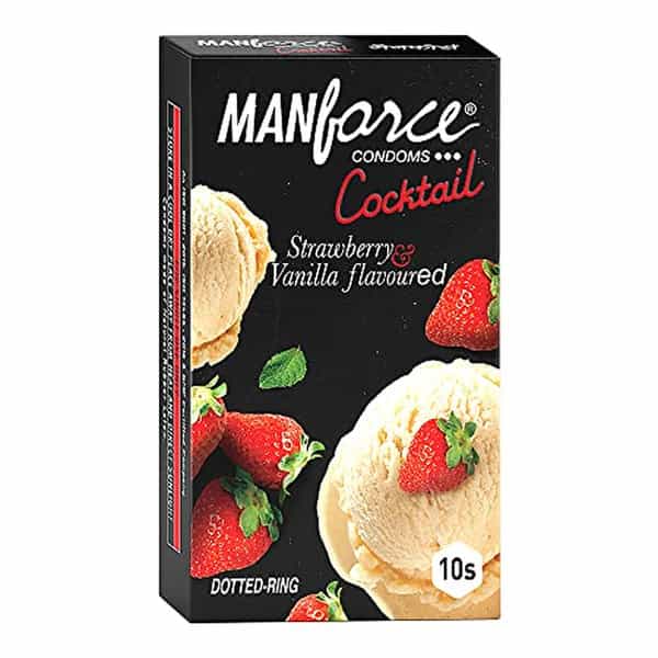 Manforce Cocktail Condoms (Dotted-Rings) Strawberry & Vanilla Flavoured 10 Pcs X Pack Of 4