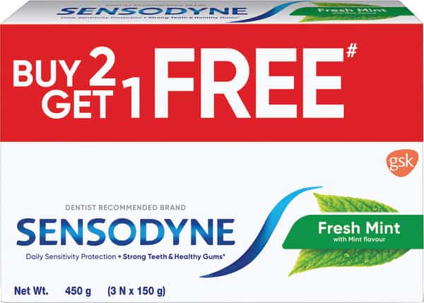 Sensodyne Toothpaste Fresh Mint Combo Pack | 450 Gm Multi-Pack (150 Gm - Buy 2 Get 1 Free)
