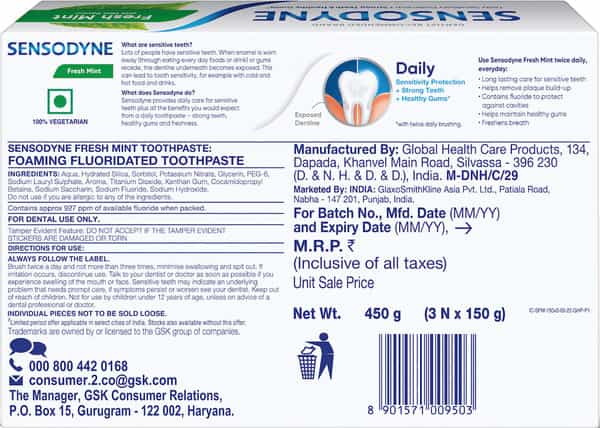 Sensodyne Toothpaste Fresh Mint Combo Pack | 450 Gm Multi-Pack (150 Gm - Buy 2 Get 1 Free)