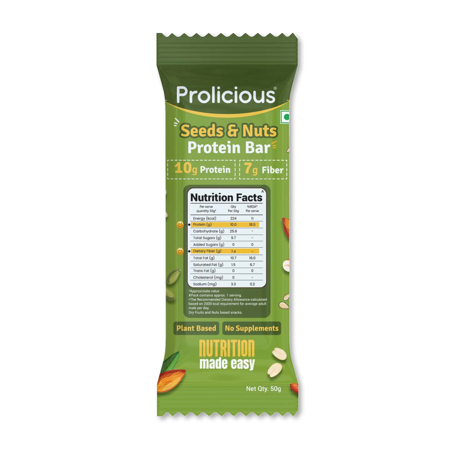 Prolicious Nuts & Seeeds 10g Protein & 4g Fiber | No Refined Sugar | Plant Based - 50g