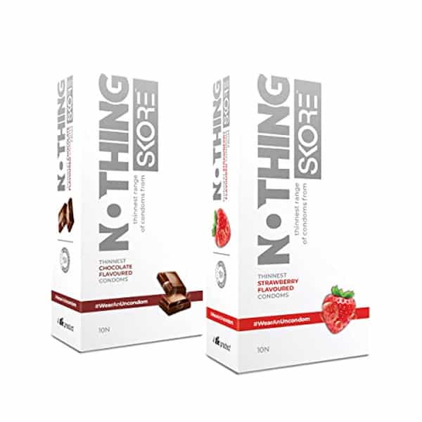 Skore Nothing Thinnest Pleasure Condoms|Chocolate & Strawberry Flavours|Disposal Pouches|2X10 Pcs
