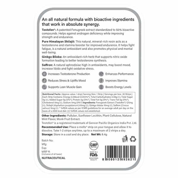 Wellbeing Nutrition Melts Testo Power Testosterone Booster For Stamina & Vitality 30 Oral Strips