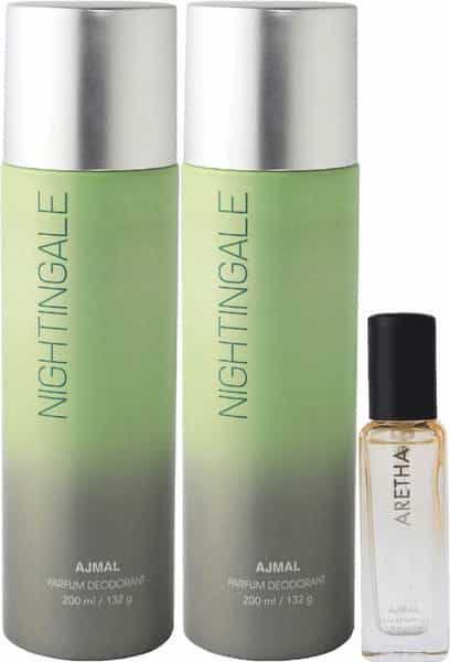 Ajmal 2 Nightingale Deo Each 200Ml & Aretha Edp 20Ml Pack Of 3 (Total 420Ml) For Men & Women