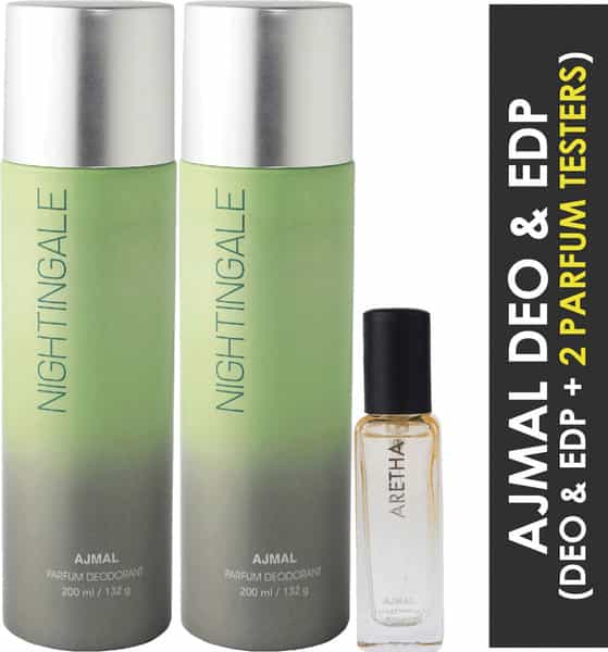 Ajmal 2 Nightingale Deo Each 200Ml & Aretha Edp 20Ml Pack Of 3 (Total 420Ml) For Men & Women