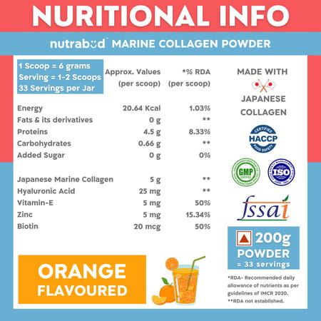 Nutrabud Marine Collagen Powder | No Added Sugar | Orange Flavor | 200g