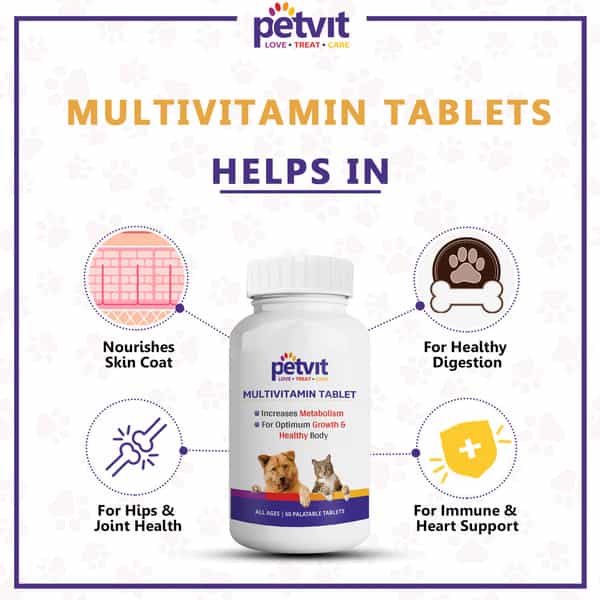 Petvit Multivitamin With 18 Ingredients For Dogs & Cats For All Age Group- 60 Chewable Tablets