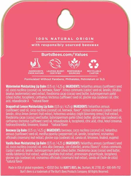 Burt's Bees Lip Balm | Watermelon | Dragonfruit Lemon | Beeswax & Vanilla Bean | 4.25G | Pack Of 4