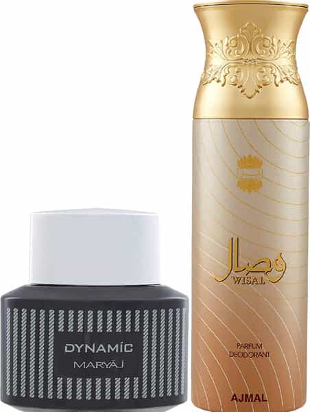 Maryaj Dynamic Edp Spicy Woody Perfume 100Ml For Men And Ajmal Wisal Deodorant Musky 200Ml For Women