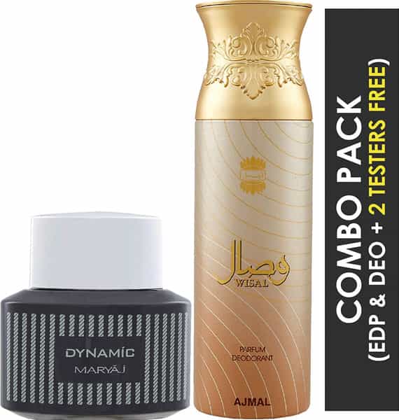 Maryaj Dynamic Edp Spicy Woody Perfume 100Ml For Men And Ajmal Wisal Deodorant Musky 200Ml For Women