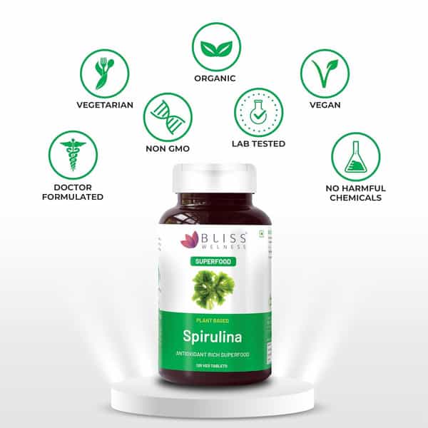 Bliss Welness Plant Based Spirulina Supplement For Immunity Booster For Men Women| 120 Veg Tablets