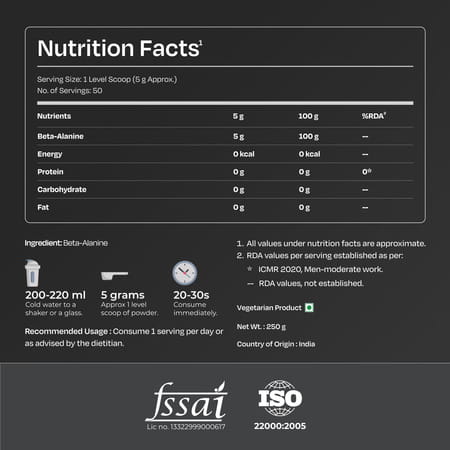 Nutrabay Pure 100% Beta Alanine Powder - 250g Unflavoured 100 Servings