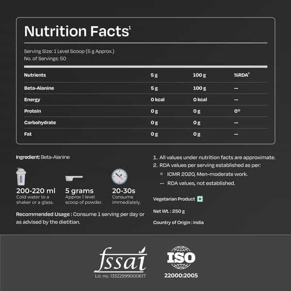 Nutrabay Pure 100% Beta Alanine Powder - 250G Unflavoured 100 Servings