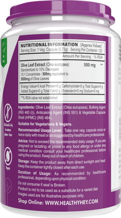 Healthyhey Nutrition Olive Leaf Extract 10% Oleuropein - 120 Vegetarian Capsules
