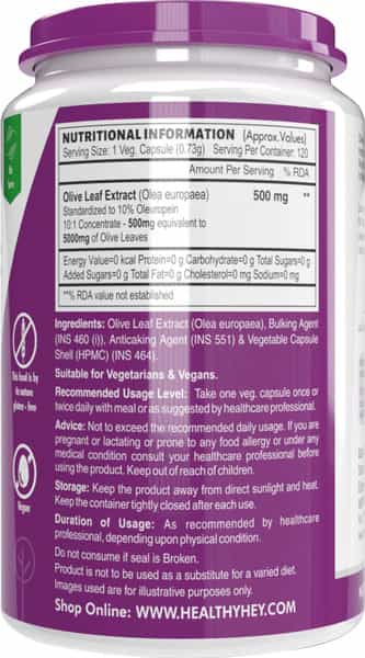 Healthyhey Nutrition Olive Leaf Extract 10% Oleuropein - 120 Vegetarian Capsules
