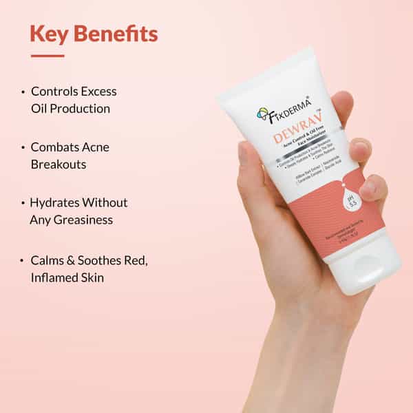 Fixderma Dewrav Acne Control & Oil Free | Moisturizer For Face | Glycolic Acid & Niacinamide | 50 Gm