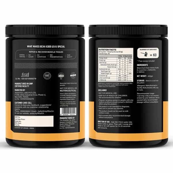 Myfitfuel Bcaa 6300 2:1:1 (400 Gm) Unflavored| Leucine | Isoleucine | Valine