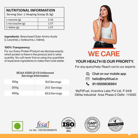 Myfitfuel Bcaa 6300 2:1:1 (400 Gm) Unflavored| Leucine | Isoleucine | Valine