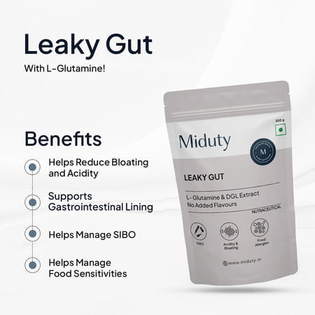 Miduty Leaky Gut Support - L-Glutamine - Acidity - Bloating - Digestion - Probiotic - 300g